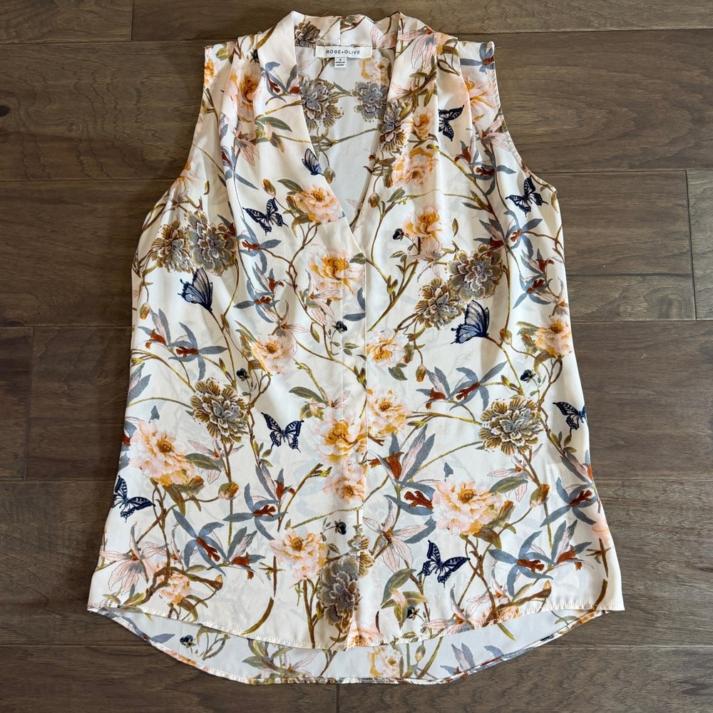Rose + Olive Women Cream Floral Butterfly Sleeveless V-Neck Blouse Small - Picture 1 of 6
